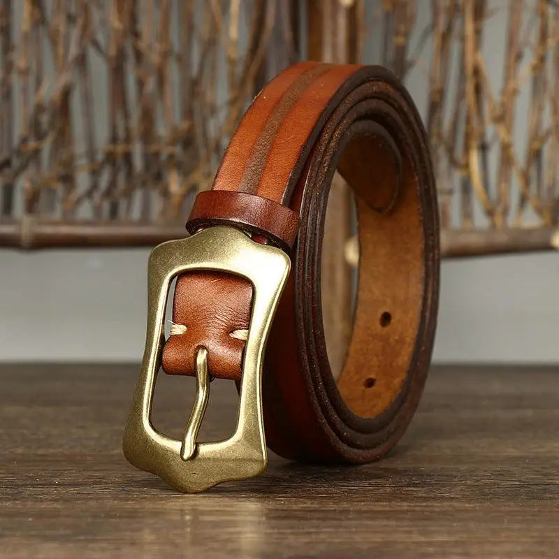 Radhika Leather Belt with ornate brass buckle, stylish Radhika Leather accessory