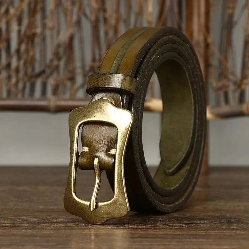 Olive-green leather belt with brass buckle from Radhika Leather Belt collection