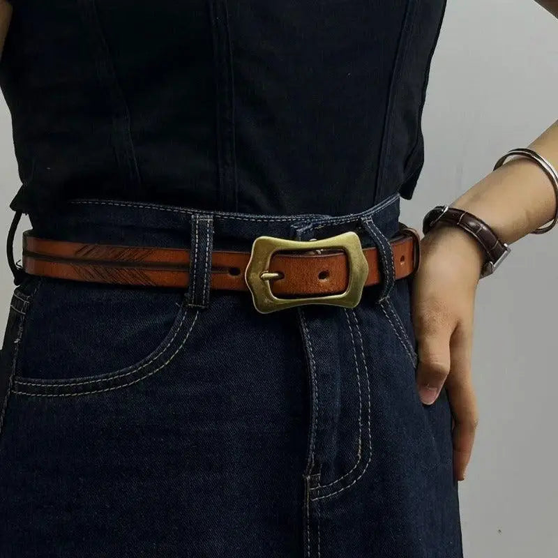 Radhika Leather Belt with Ornate Gold Buckle for Stylish Wear