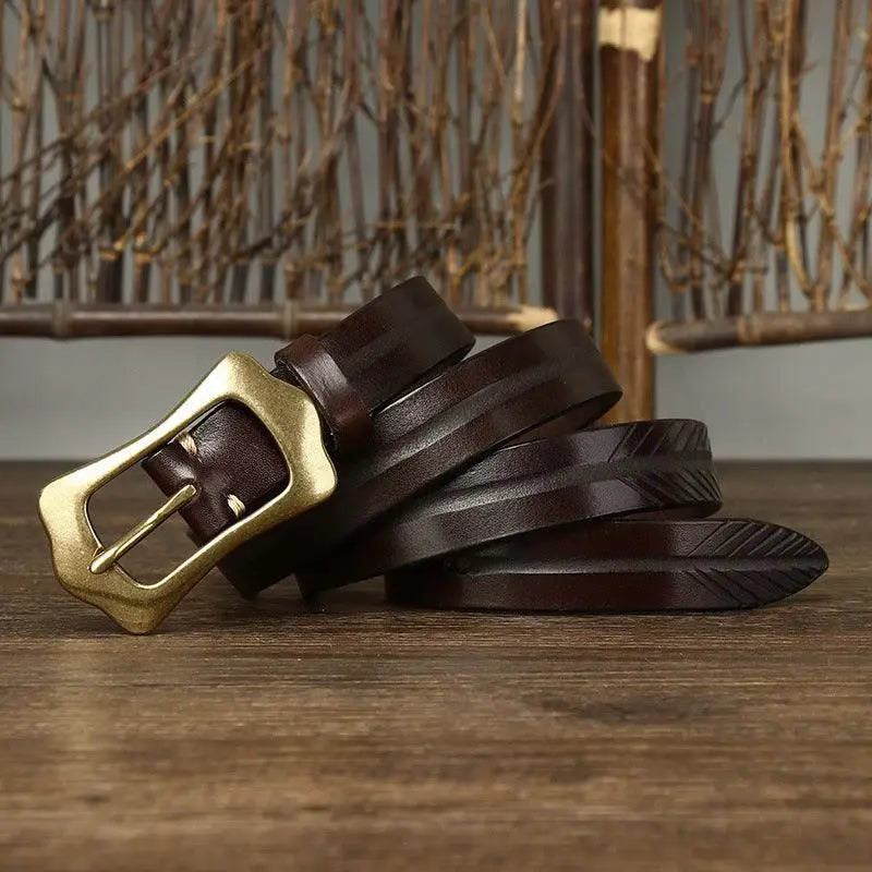 Radhika leather belt with brass buckle showcasing stylish brown leather accessory