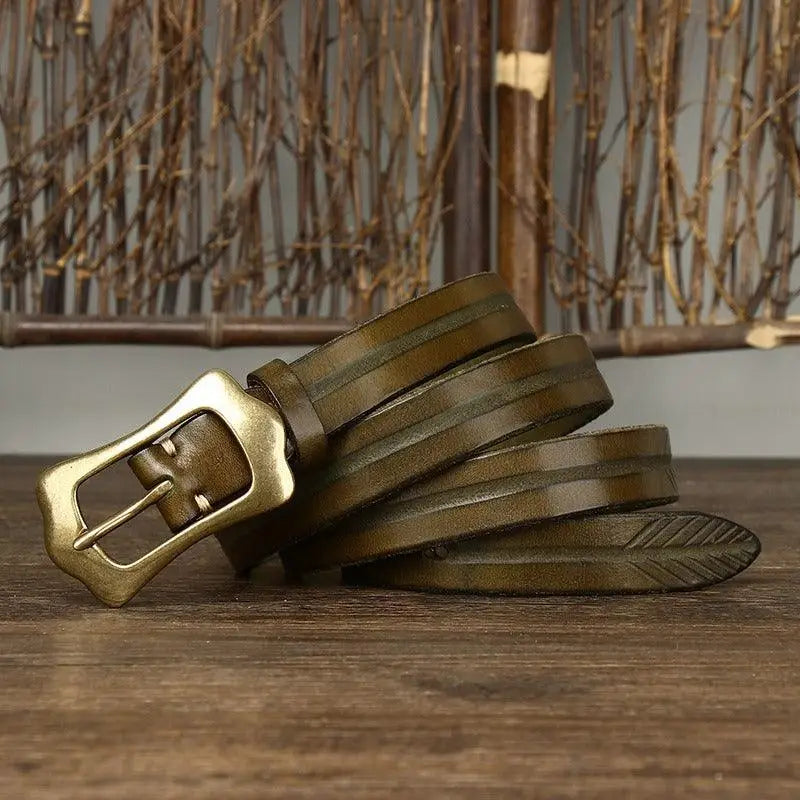 Olive-green Radhika leather belt with decorative feather tip and brass buckle for stylish wear