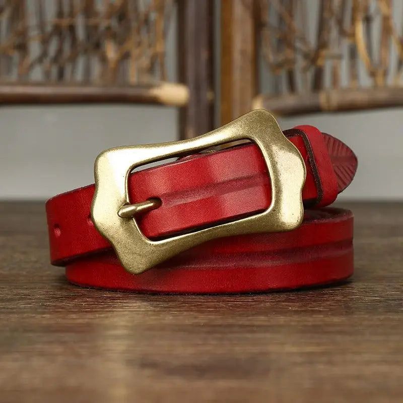 Red leather belt with brass buckle from Radhika Leather Belt collection for stylish wear