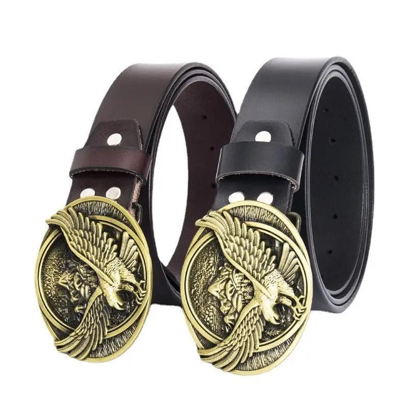 Atka Leather Belt with eagle buckle showcasing Wild West style craftsmanship