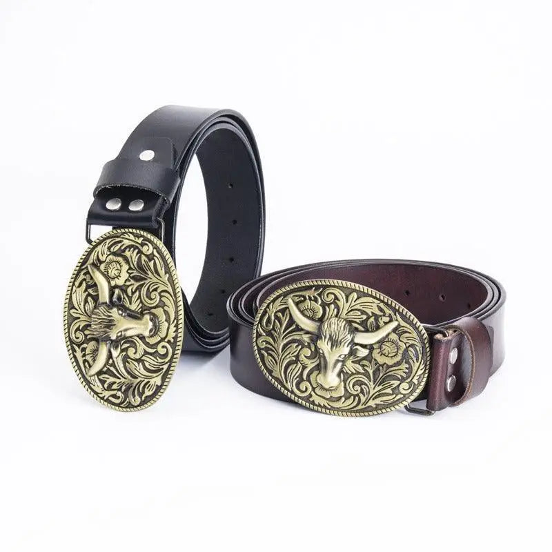 Siku Belt with ornate bull-head buckle in black leather style featuring two leather belts