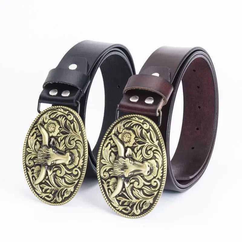 Siku Belt with Ornate Bull-Head Buckle in black leather style featuring two stylish leather belts