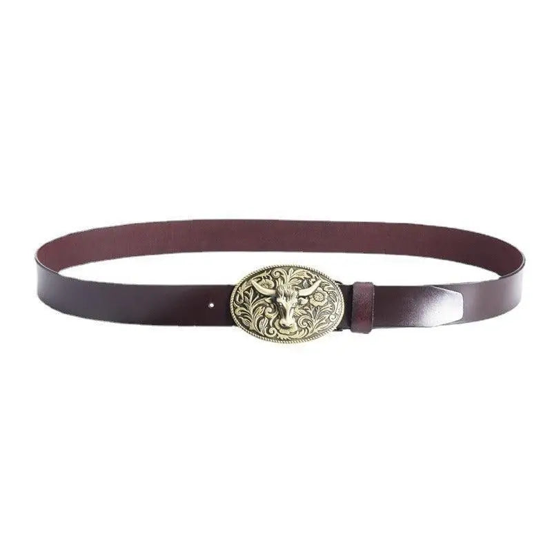 Siku Belt with ornate bull-head buckle in black leather style for premium fashion