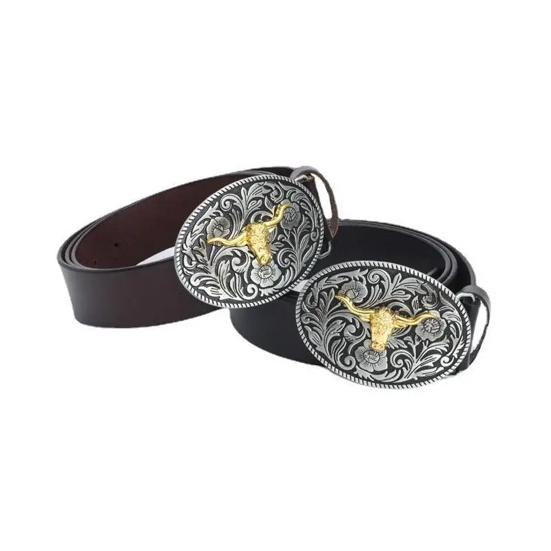 Kenan Leather Belt with Ornate Bull Buckle showcasing two stylish leather belts with decorative buckles
