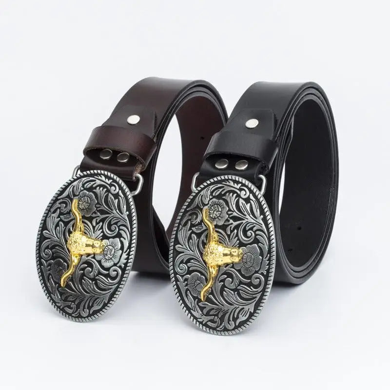 Kenan Leather Belt with Ornate Bull Buckle showcasing elegant leather belt craftsmanship