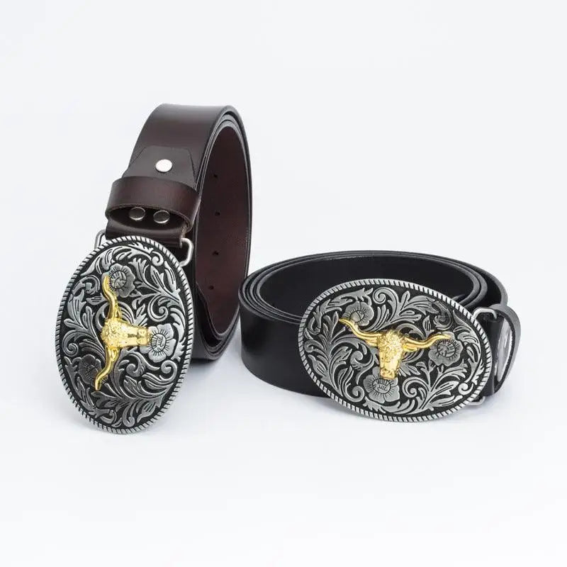 Kenan Leather Belt with Ornate Bull Buckle, stylish leather belt for fashionable wear