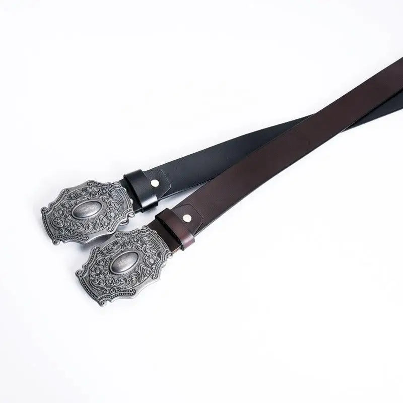 Heguir Leather Belt with Ornate Silver Buckle for Men and Women