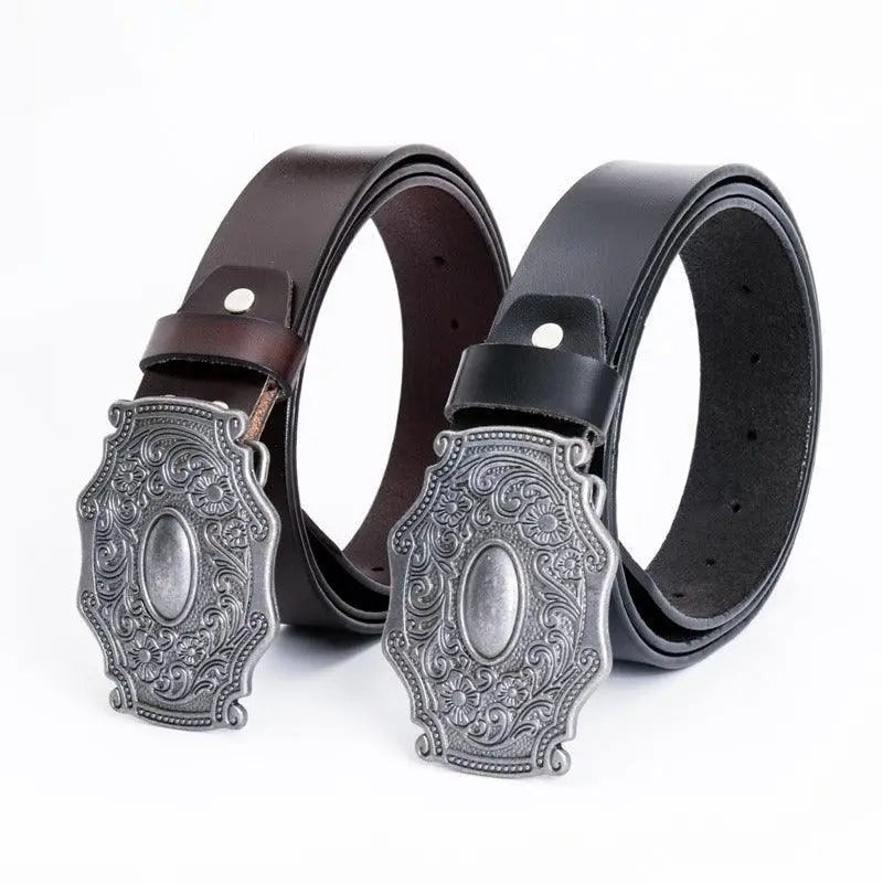Heguir leather belt with ornate silver buckle suitable for men and women