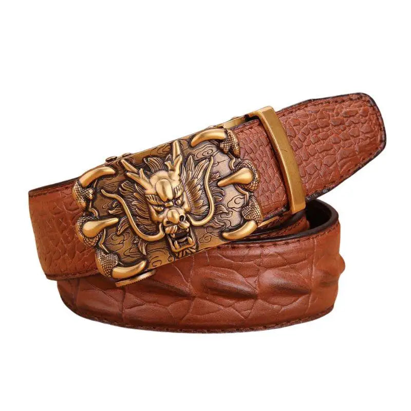 Brown crocodile leather belt featuring a decorative dragon buckle for stylish wear