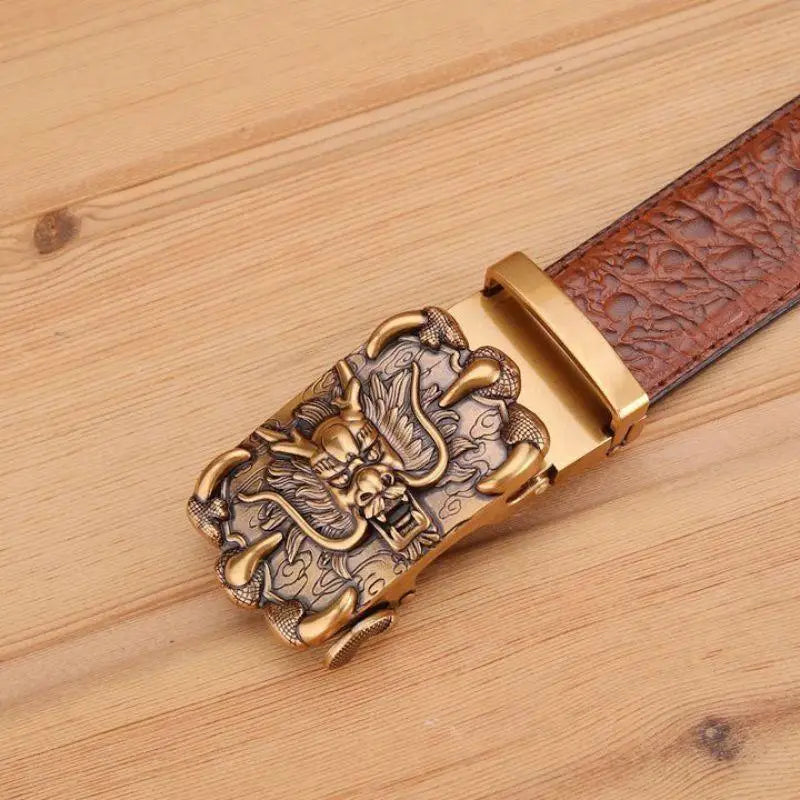 Brown Crocodile Leather Belt featuring a detailed Dragon Buckle design