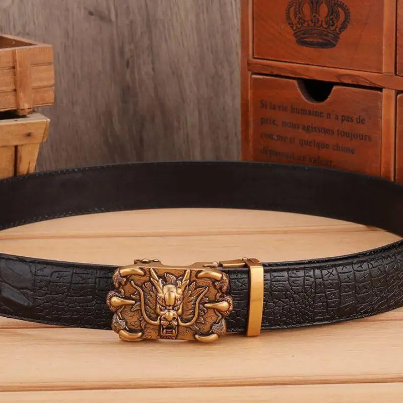 Black crocodile-patterned belt with dragon buckle on brown crocodile leather belt product