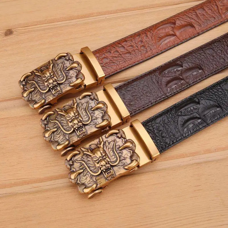 Brown Crocodile Leather Belt with Dragon Buckle showcasing a stylish and durable accessory