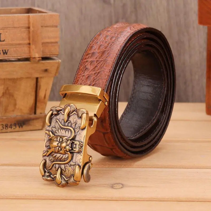 Brown crocodile leather belt featuring a detailed dragon buckle for sophisticated style