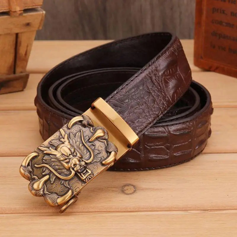 Brown crocodile leather belt featuring a detailed dragon buckle for a sophisticated look