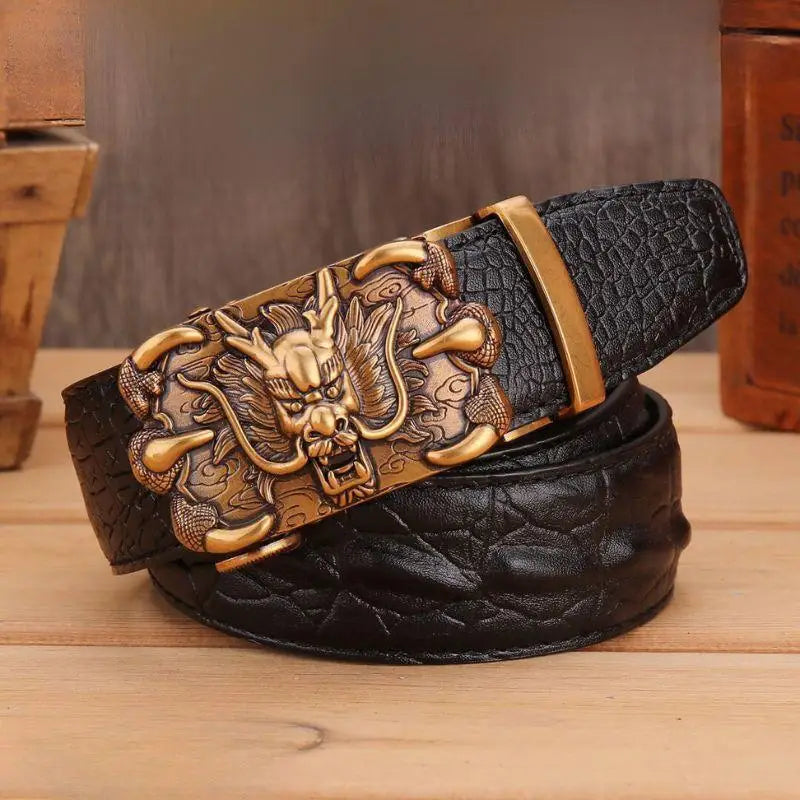Black leather belt with a dragon buckle, complementary to the Brown Crocodile Leather Belt with Dragon Buckle product