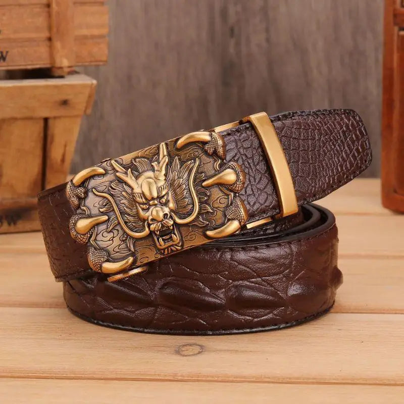 Brown crocodile leather belt featuring a detailed dragon buckle for a stylish look