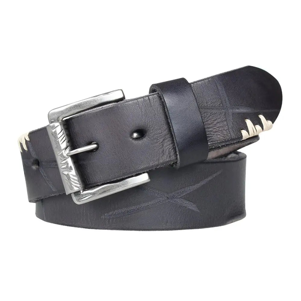 Black leather belt with silver buckle from Denim Vest with Brown Leather Belt and Silver Buckle