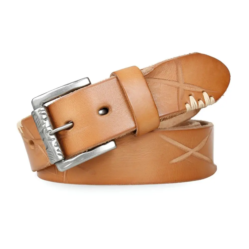 Tan leather belt with silver buckle featured with Denim Vest and Brown Leather Belt