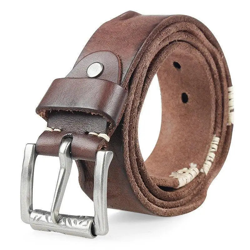 Brown leather belt with silver buckle complementing the Denim Vest for a stylish look