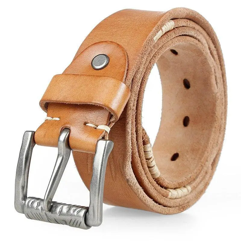 Tan leather belt with silver buckle for Denim Vest accessory