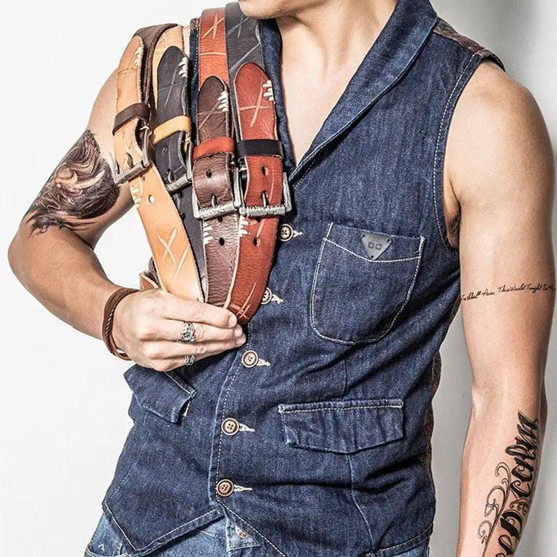 Denim vest with brown leather belt and silver buckle for stylish casual wear