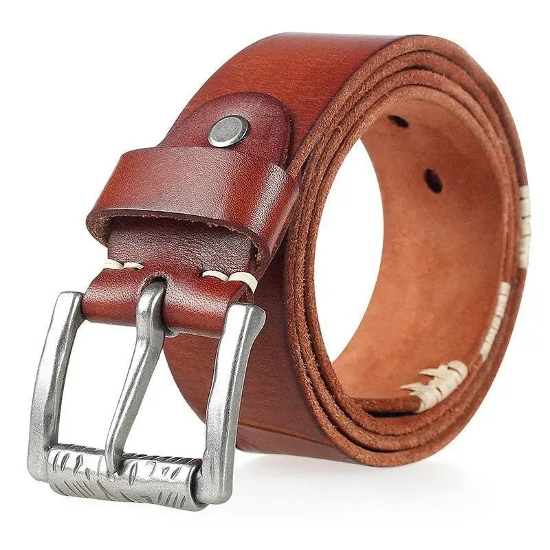 Brown leather belt with silver buckle featured in Denim Vest with Leather Belt product