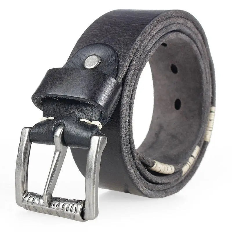 Black leather belt with silver buckle from Denim Vest with Brown Leather Belt and Silver Buckle