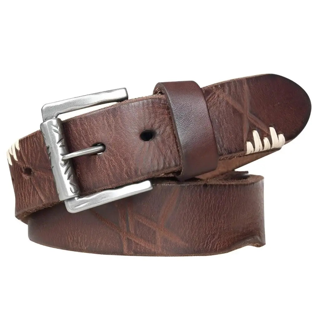 Brown leather belt with silver buckle featured with Denim Vest product image