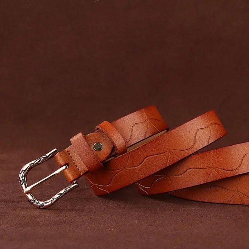 Brown leather belt with decorative buckle from Leather Belts with Decorative Buckles in Various Colors