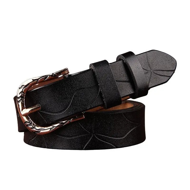 Black leather belt with decorative buckle from Leather Belts with Decorative Buckles in Various Colors