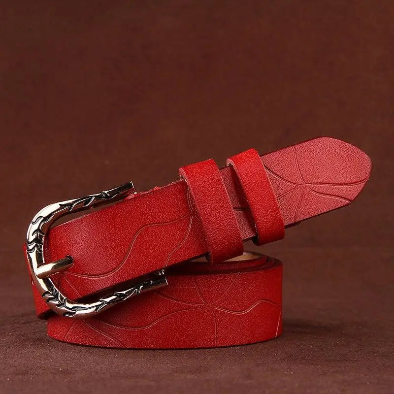 Red leather belt with silver buckle from Leather Belts with Decorative Buckles in Various Colors