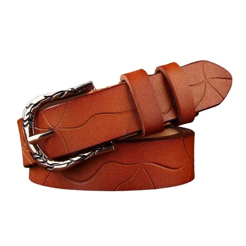 Brown leather belt with silver buckle from Leather Belts with Decorative Buckles in Various Colors