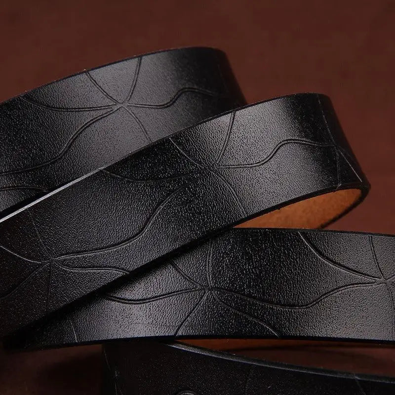 Black patterned leather belt with decorative buckle from Leather Belts with Decorative Buckles in Various Colors