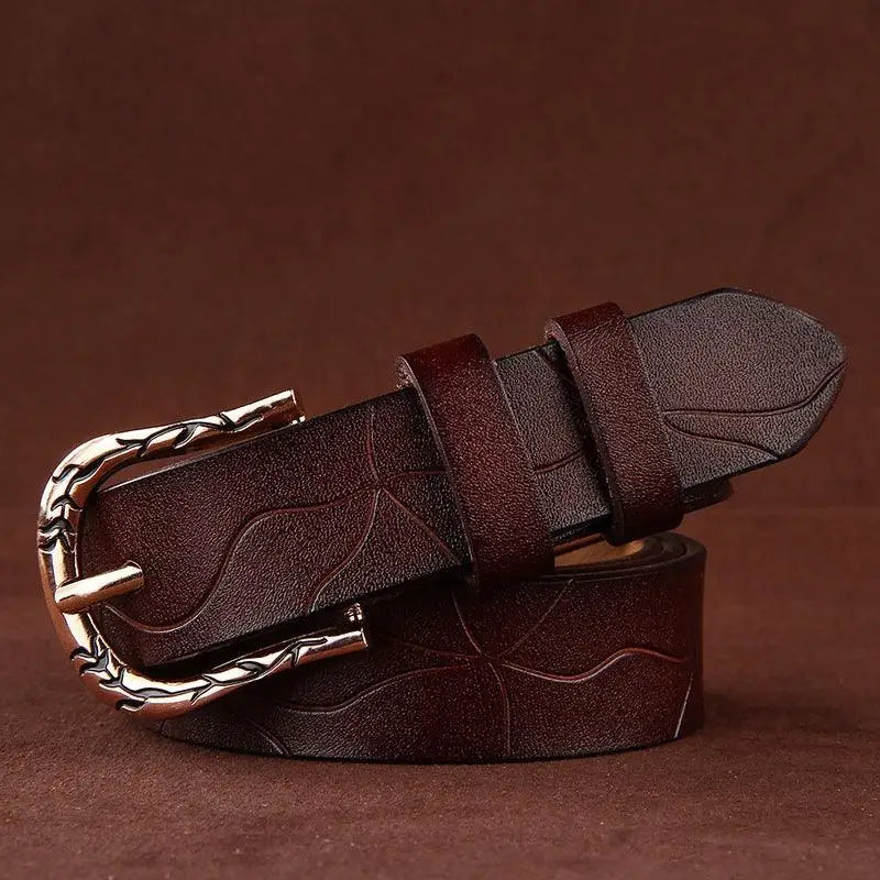 Brown leather belt with ornate decorative buckle from Leather Belts with Decorative Buckles in Various Colors
