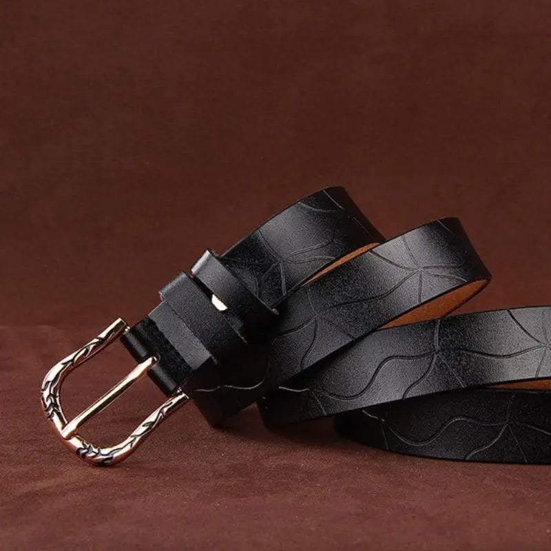 Black leather belt with patterned texture from Leather Belts with Decorative Buckles collection