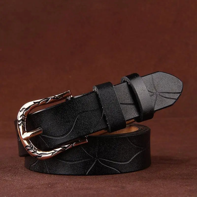 Black leather belt with decorative buckle from Leather Belts with Decorative Buckles in Various Colors