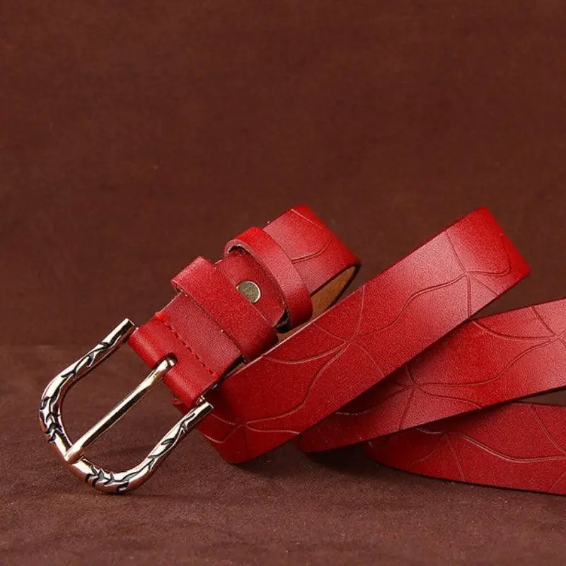 Red leather belt with decorative buckle from Leather Belts with Decorative Buckles in Various Colors