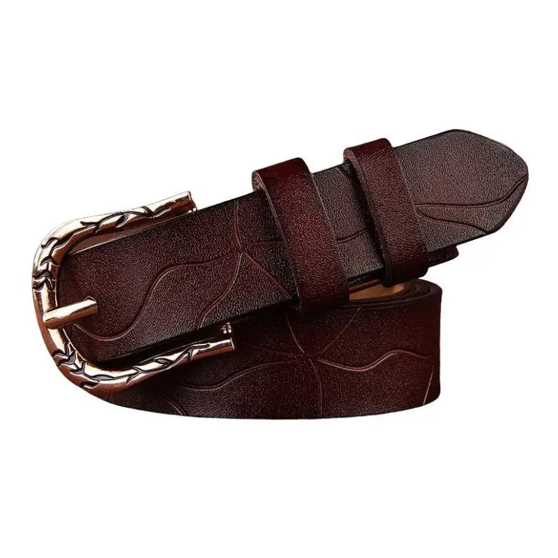 Brown leather belt with silver buckle from Leather Belts with Decorative Buckles in Various Colors
