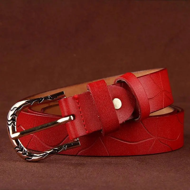 Red leather belt with silver buckle from Leather Belts with Decorative Buckles in Various Colors