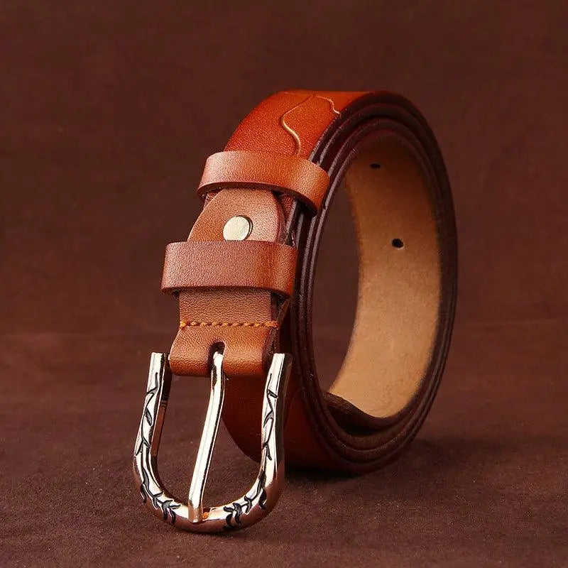 Brown leather belt with decorative buckle from Leather Belts with Decorative Buckles in Various Colors