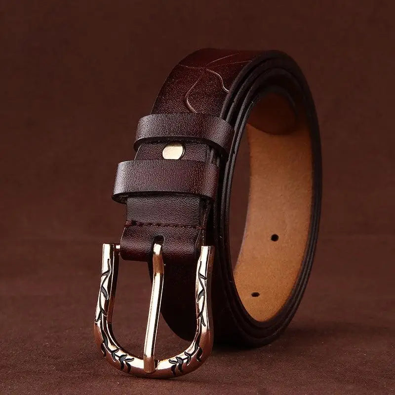 Brown leather belt with decorative buckle from Leather Belts with Decorative Buckles in Various Colors