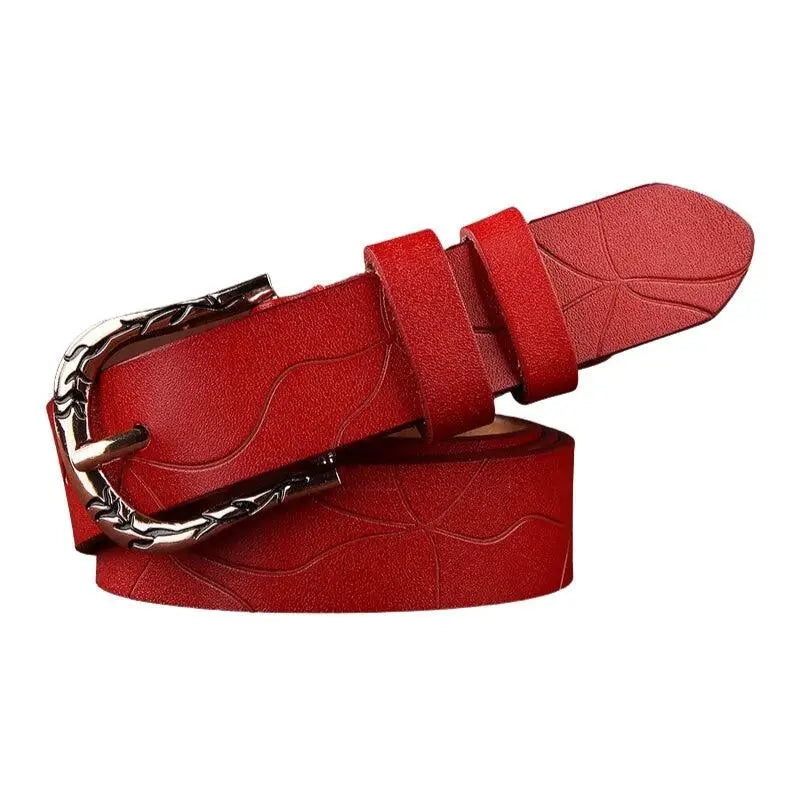 Red leather belt with silver buckle from Leather Belts with Decorative Buckles in Various Colors