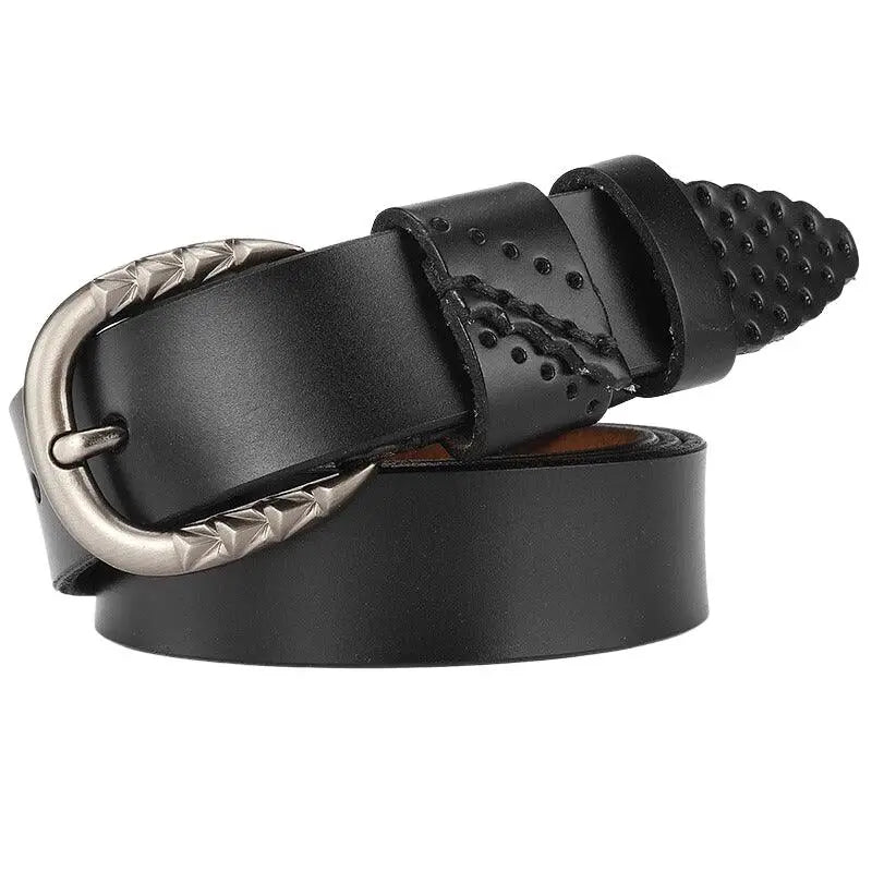 Black leather belt featuring a silver decorative buckle for stylish accessorizing