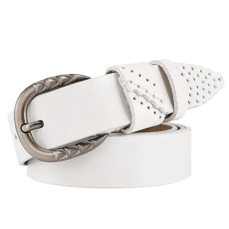 White leather belt featuring a decorative metal buckle suitable for fashion accessories