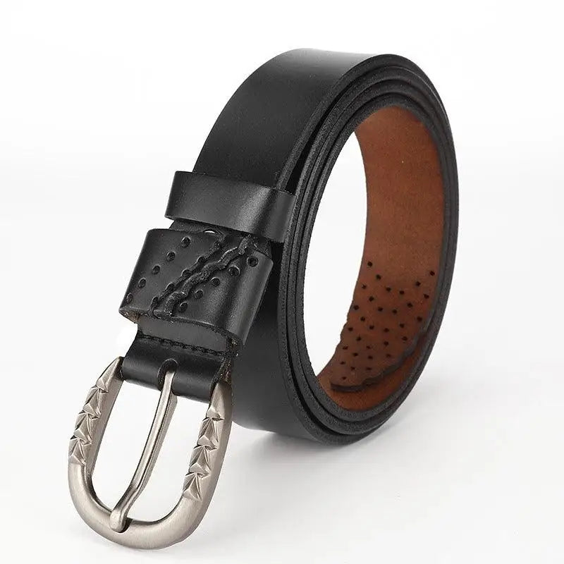 Black leather belt with decorative silver buckle for stylish menswear