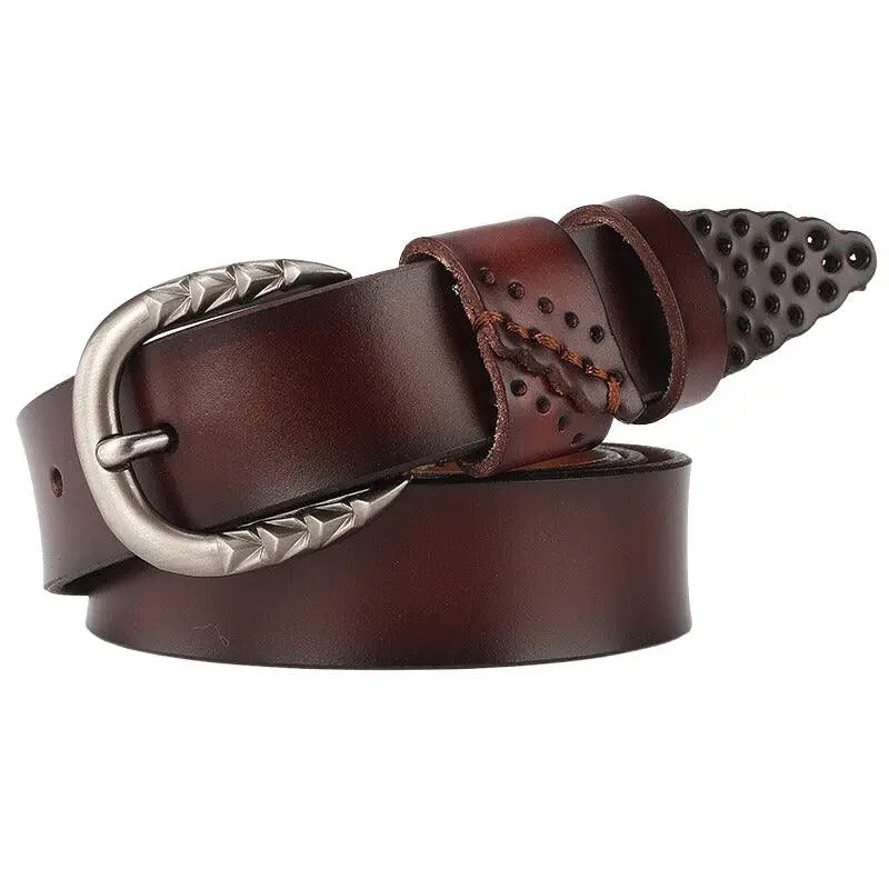 Brown leather belt with decorative buckle and end for Black Leather Belt with Silver Decorative Buckle