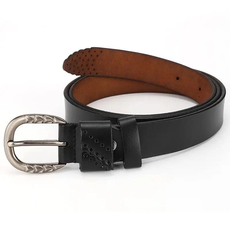 Black leather belt with a silver decorative buckle for stylish men’s accessory